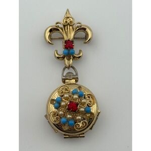 Vintage Coro Pegasus Fleur De Lis 4 Way Picture Locket Gold Tone Brooch READ